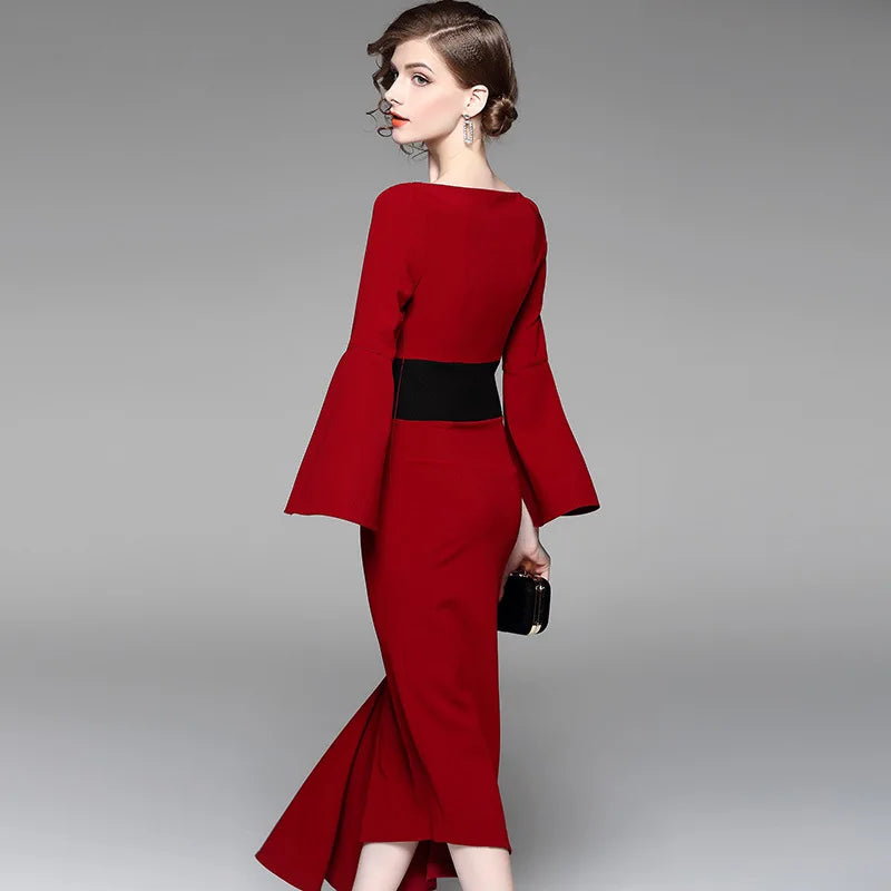 New irregular waist-tightening dresses red medium-length dress for solid slash neck flare sleevebanquet