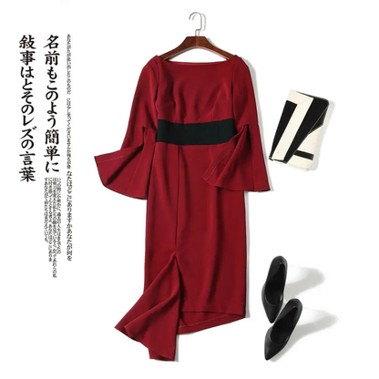 New irregular waist-tightening dresses red medium-length dress for solid slash neck flare sleevebanquet
